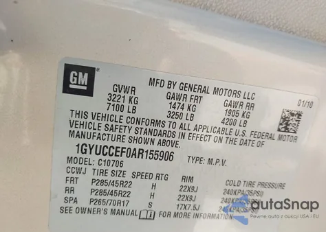 2010 Cadillac Escalade Premium из США, поврежденный, VIN 1GYUCCEF0AR155906